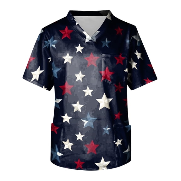 longantii Independence Day Scrubs for Men Casual Patriotic V-Neck Short Sleeve Graphic Printed Scrub Tops Summer Vintage Stretchy Work Uniform with Pockets Navy XXXL