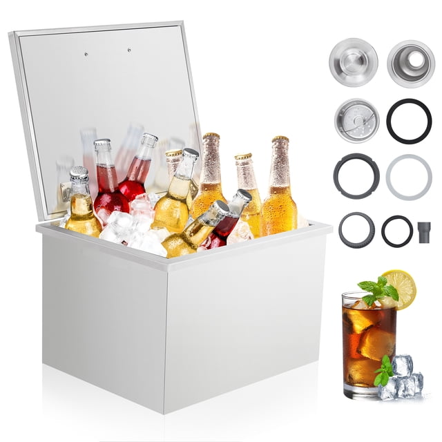 Drop in Ice Chest 20l x 16w x 13h Inch Stainless Steel Ice Cooler with Sliding Cover Drop in Ice Bin Included Drain-Pipe and Drain Plug for Cold Wine Beer