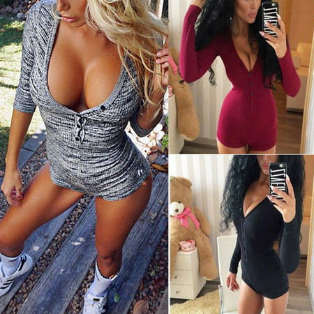 Women Sexy V Neck Cotton Bodysuit Long Sleeve Autumn Clothing Wear Sexy Slim Short Cotton Knitted Bodycon Bandage Jumpsuit