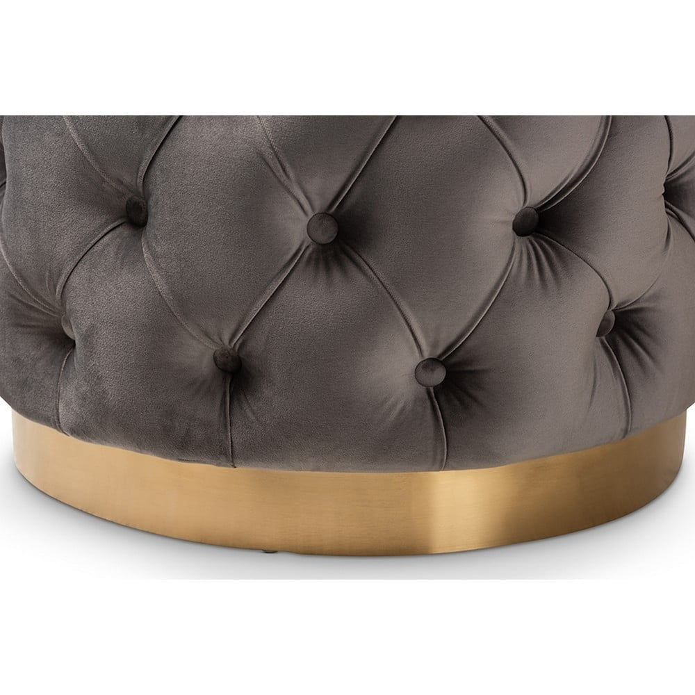Baxton Studio Valeria Glam Gray Velvet Fabric Upholstered Gold-Finished Button Tufted Ottoman