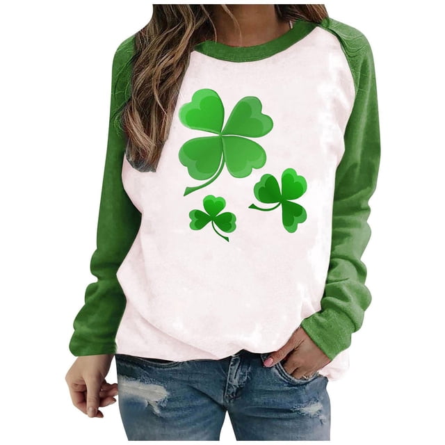 Bowake Chandail en Molleton pour Femmes de la Saint-Patrick Imprimé Col Rond Manches Longues Raglan Haut Décontracté Ample