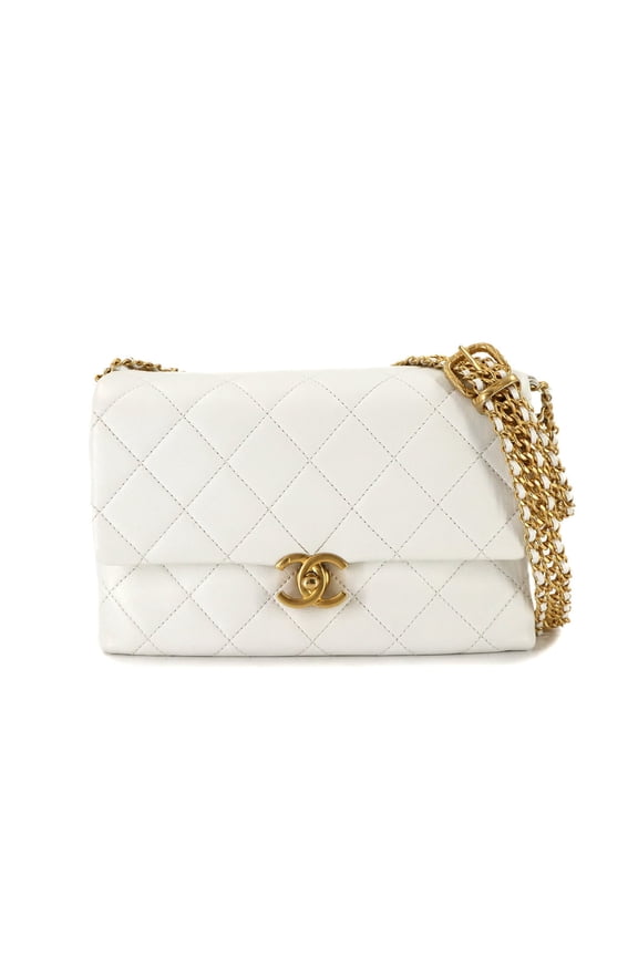Pre-Owned CHANEL Matelasse Chain Shoulder Bag in Calfskin Leather with White and Gold...
