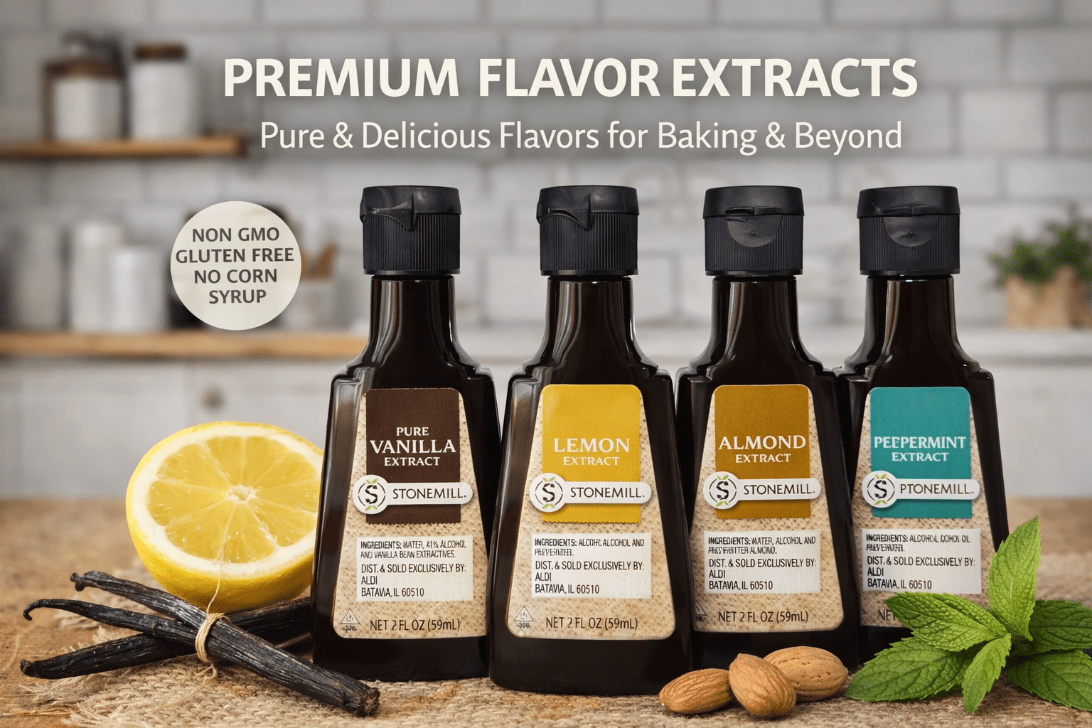 Stonemill Extract Lemon, Almond, Peppermint & Pure Vanilla 2fl oz 59ml (4 Bottles)