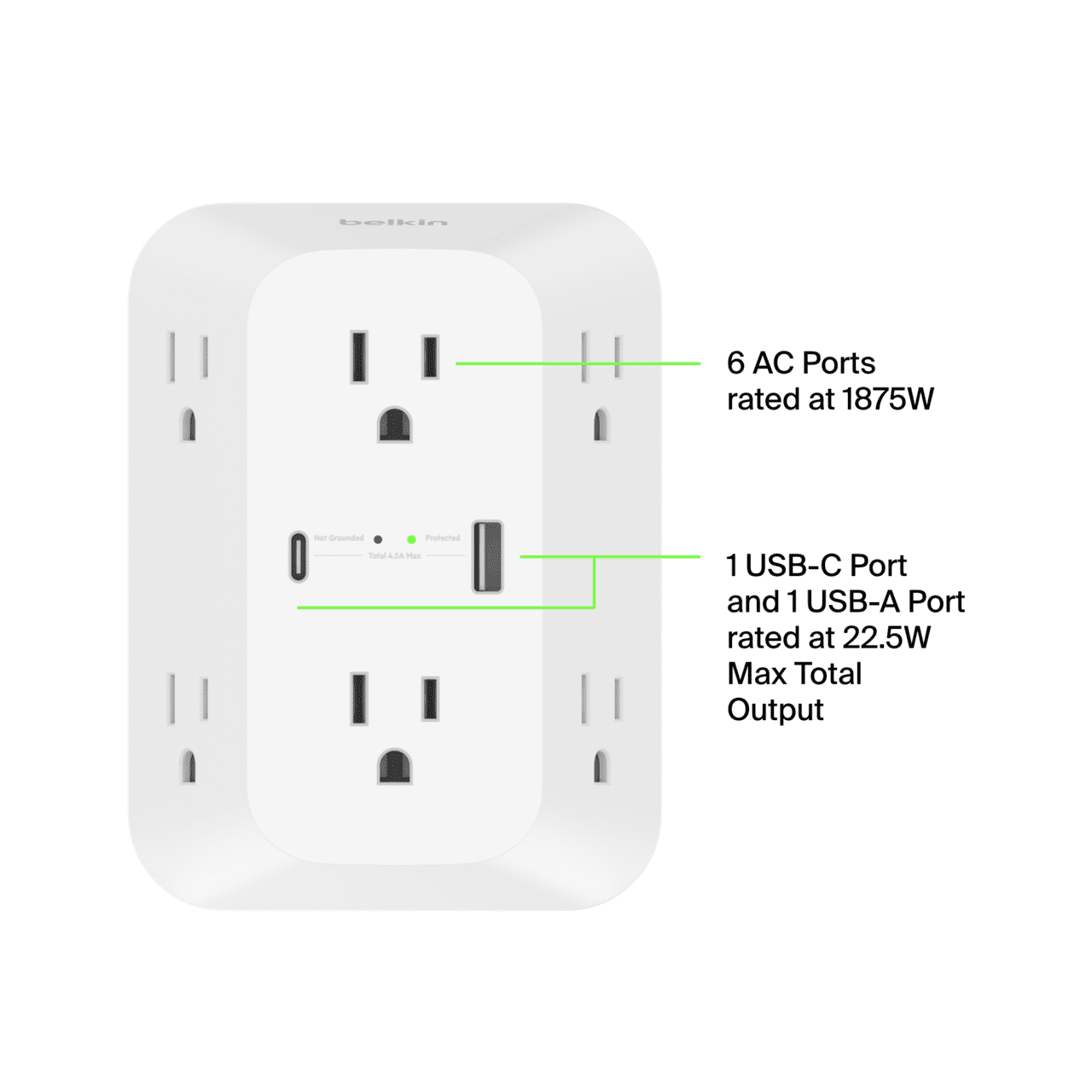 Belkin 6-Outlet Surge Protector Power Strip, Wall-Mountable with 6 AC Outlets, Overvoltage Protection, LED Indicator - USB-C Port & USB-A Port w/ USB-C PD Fast Charging - 1680 Joules of Protection