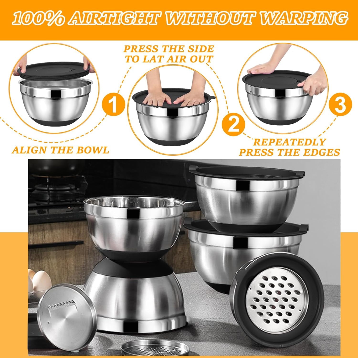 Mixing Bowls with Airtight Lids, AOKIWO 32Pcs Stainless Steel Nesting Non-Slip Bottoms Mixing Serving Bowls Set wtih 3 Grater & Tools Gadgets, 7/4/2.5/2/1.5/1QT Metal Salad Bowls for Serving Preppi