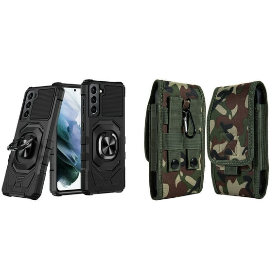 Case with Belt Holster Bundle for Samsung Galaxy S22 Ultra: Heavy Duty Shield Cover (Black) and Vertical Rugged Nylon Phone Pouch (Green Camo)