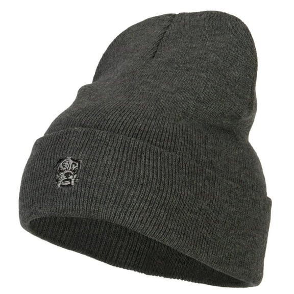 Bulldog Head Embroidered Long Knitted Beanie - Dk Grey OSFM