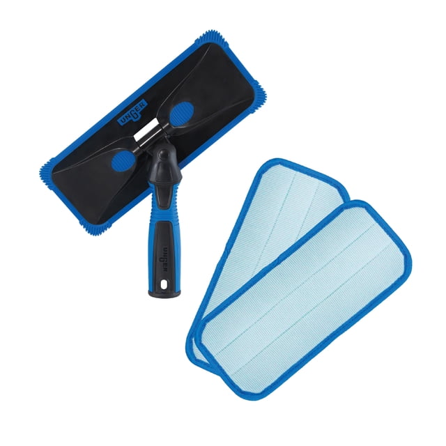 Unger ProClean - Limpiador de ventanas para interiores, herramienta para limpieza de ventanas, cristales y espejos, resultados sin rayas, almohadillas para orejas de microfibra reutilizables para