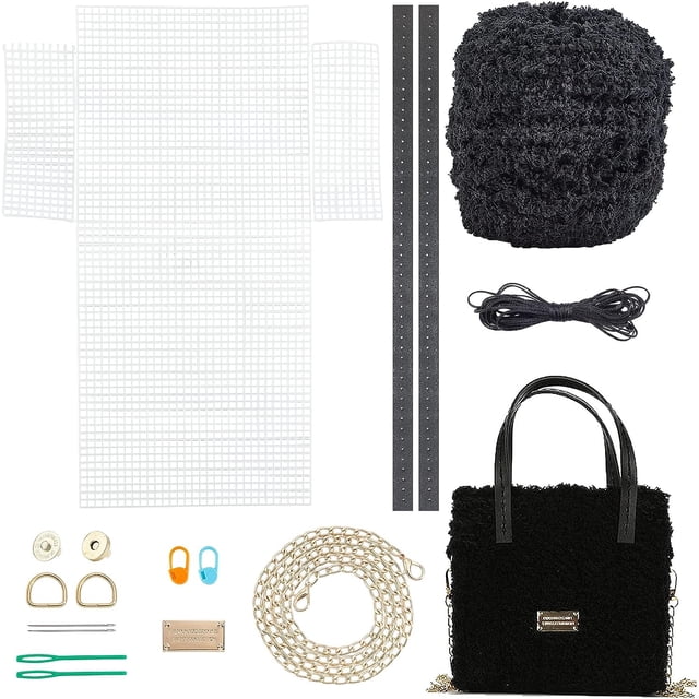 Kit de bolsas de crochet para tejer a mano, herramienta para hacer bolsas tejidas, juego de láminas de lona de plástico y malla de puntada, material para manualidades negro