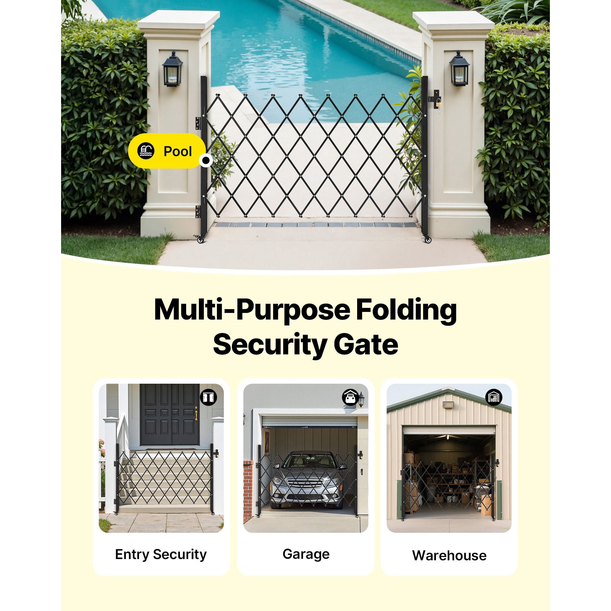Lockable Retractable Security Gate with Wheels, 67x52 Inch, for Driveway & Pool Safety