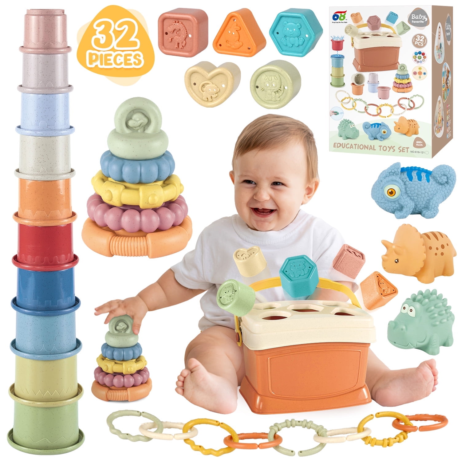 Carsky 5-in-1 Montessori Baby Stacking & Sorting Toys Set for 6-36 Months – Cups, Soft Rings, Linking Shapes, Building Blocks & Silicone Dino Figures with Storage Box – Educational Fine Motor Skills