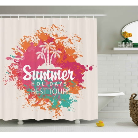 Quote Decor Shower Curtain, Summer Holidays Best Tour Lettering with Palm Tree Island Rainbow Colored Image, Fabric Bathroom Set with Hooks, 69W X 70L Inches, Multicolor, by