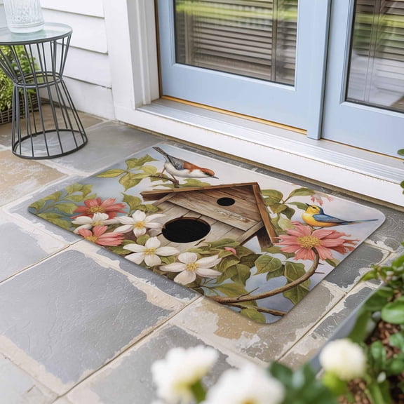 Birdhouse Vintage Door Mat Indoor Outdoor, Spring Floral Birds Botanical Non Slip Welcome Mat with Rubber Backing, Absorbent Fabric Front Door Mats Entryway Rug for Home Patio Entrance 20"x31.5"