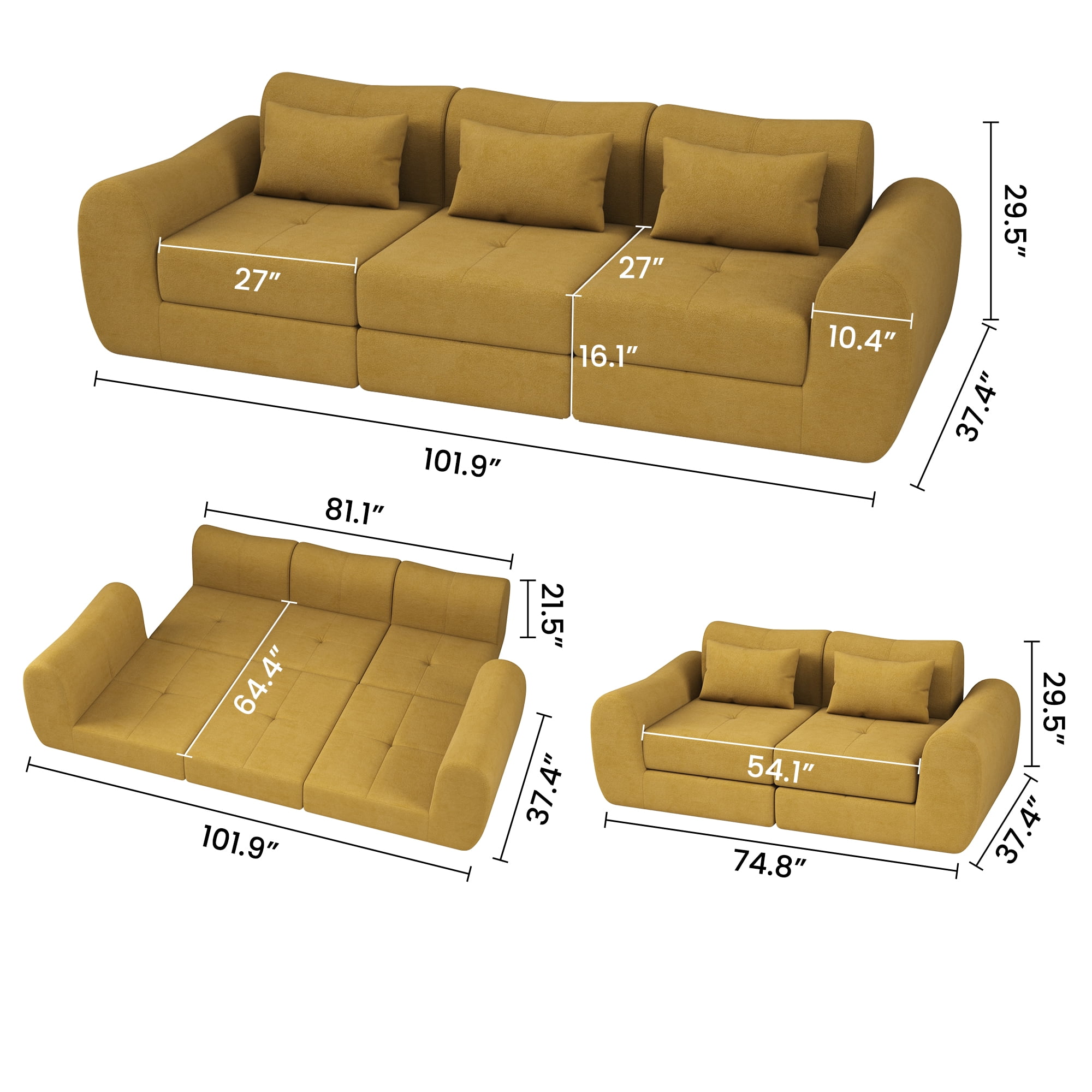 102" Cloud Sofa, 4-in-1 Folding Sofa Bed, Floor-Standing Boneless Couch, Futon Sofa Bed for Living Room, Modular Cloud Sectional Couch with Deep Seat for Living Room(Yellow)
