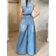 thumbnail image 5 of Mono de mezclilla vintage holgado con pierna ancha para mujer, mono de una pieza con bolsillos, sin mangas, con una botonadura, estilo callejero, 5 of 5