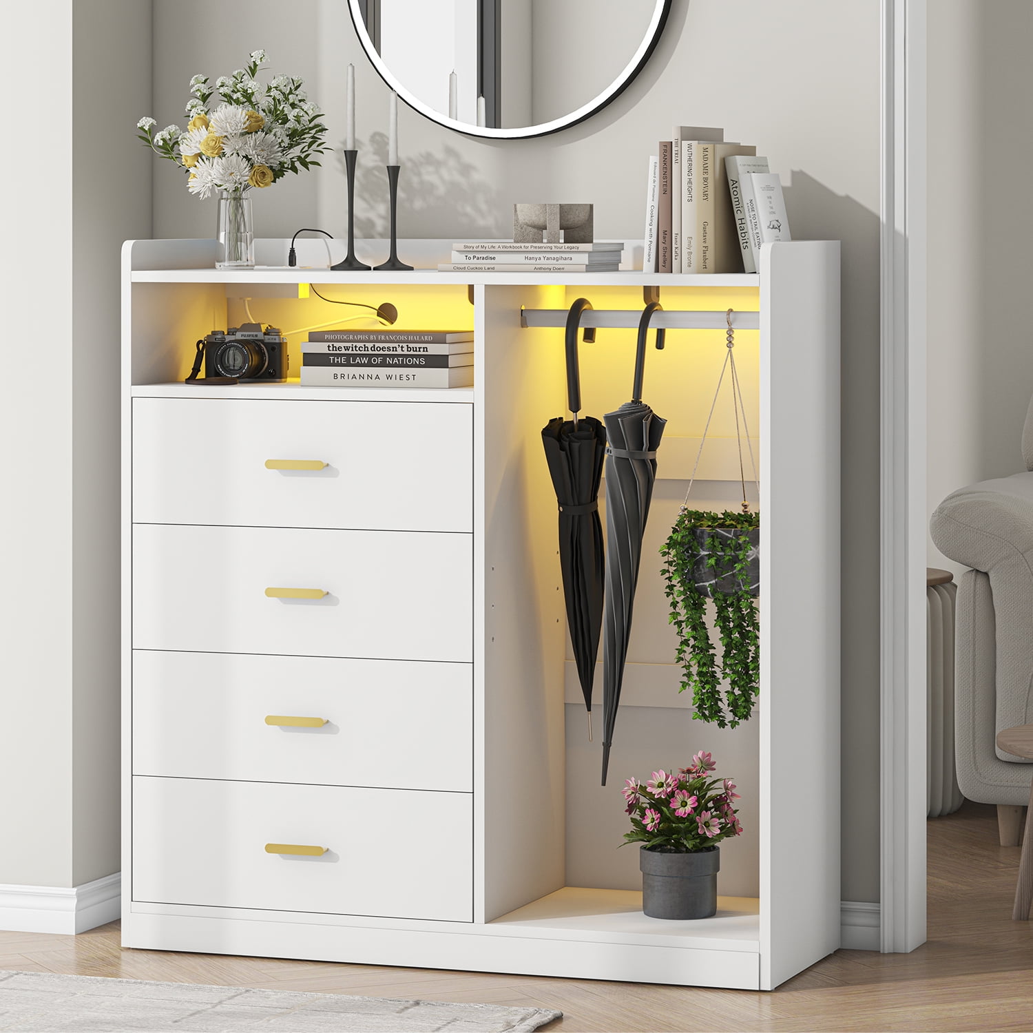 Winkalon 4 Drawer Dresser with Clothing Rack and LED Lights,Modern LED Dresser for Bedroom,White