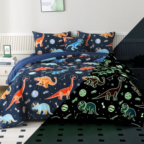 OKKEEY Kids 6-Piece Glow in the Dark Dinosaur Comforter Sets, Twin Navy Blue Bed in a Bag with Flat Sheet, Fitted Sheet, Pillowcases, Soft Microfiber Bedding Sets for Boys