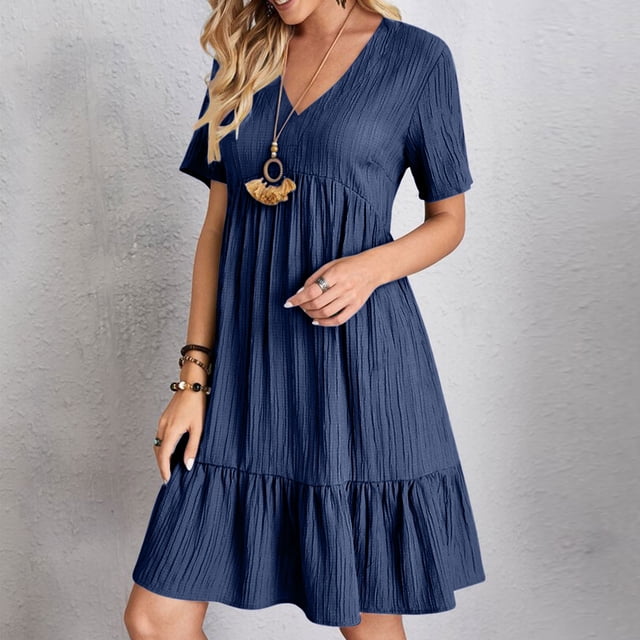 Ovzne Robes Femmes Robe d'Été Mode Femmes Été Décontractée Col en V Manches Courtes Mini Robe Grande Taille Robe Manches Courtes Liquidation
