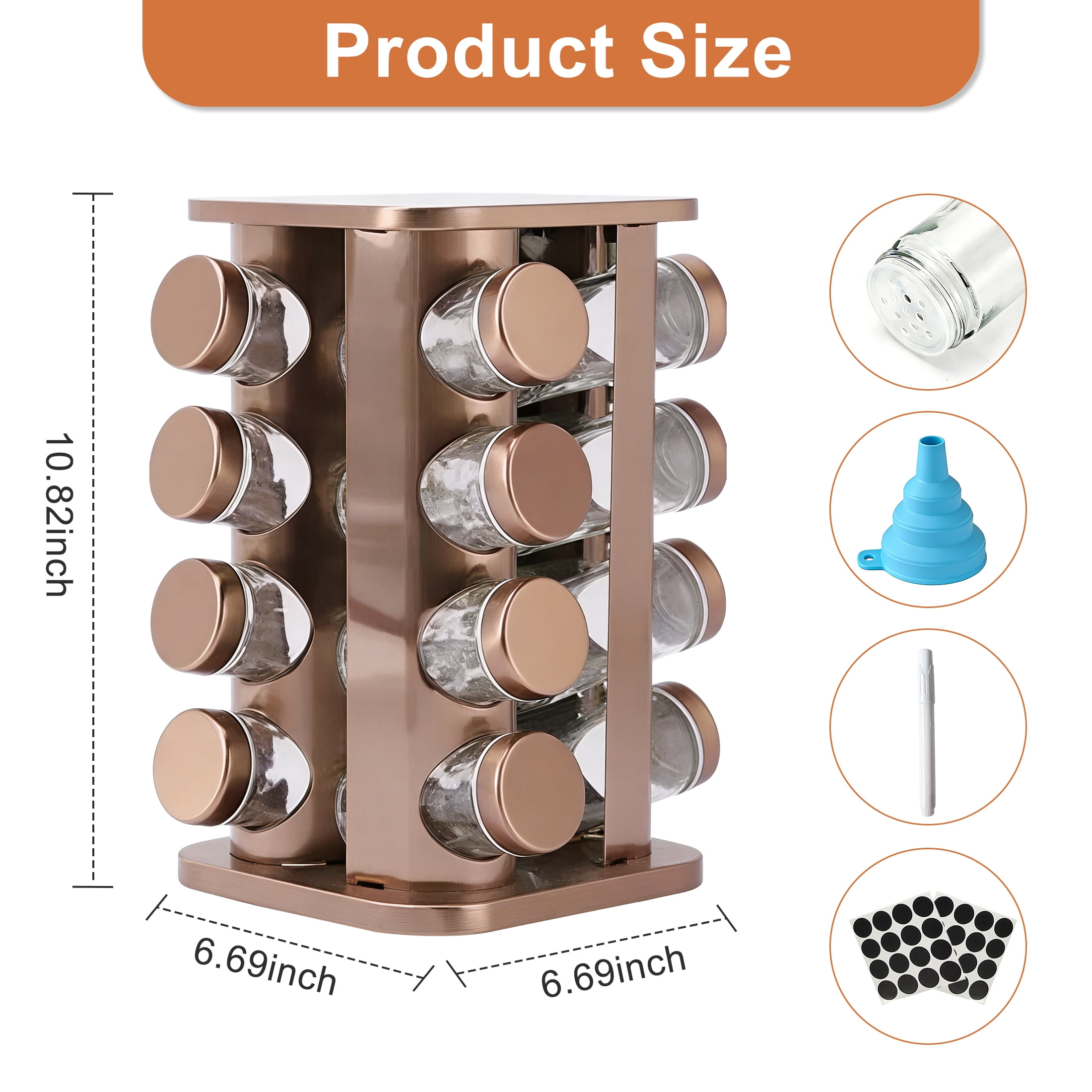 Rotating Spice Rack, Spice Organizer with 16-Jar, Seasoning Rack Organizer with Funnel & Labels, Kitchen Storage Rack for Countertop, Cabinet, Pantry