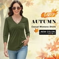 thumbnail image 3 of VDJ Women Summer T Shirts Casual Loose 3/4 Sleeve V Neck Tunic Stylish Solid Color Army Green Business Tee Clothes Size S, 3 of 9