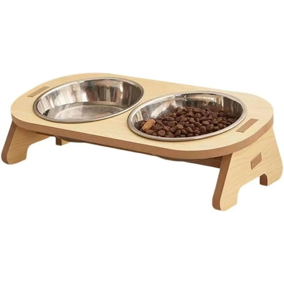Wooden Elevated Pet Feeding Bowls 2 Large Capacity Stainless Steel Pet Feeding Bowl Feeder Suitable for Cats and Little Dogs