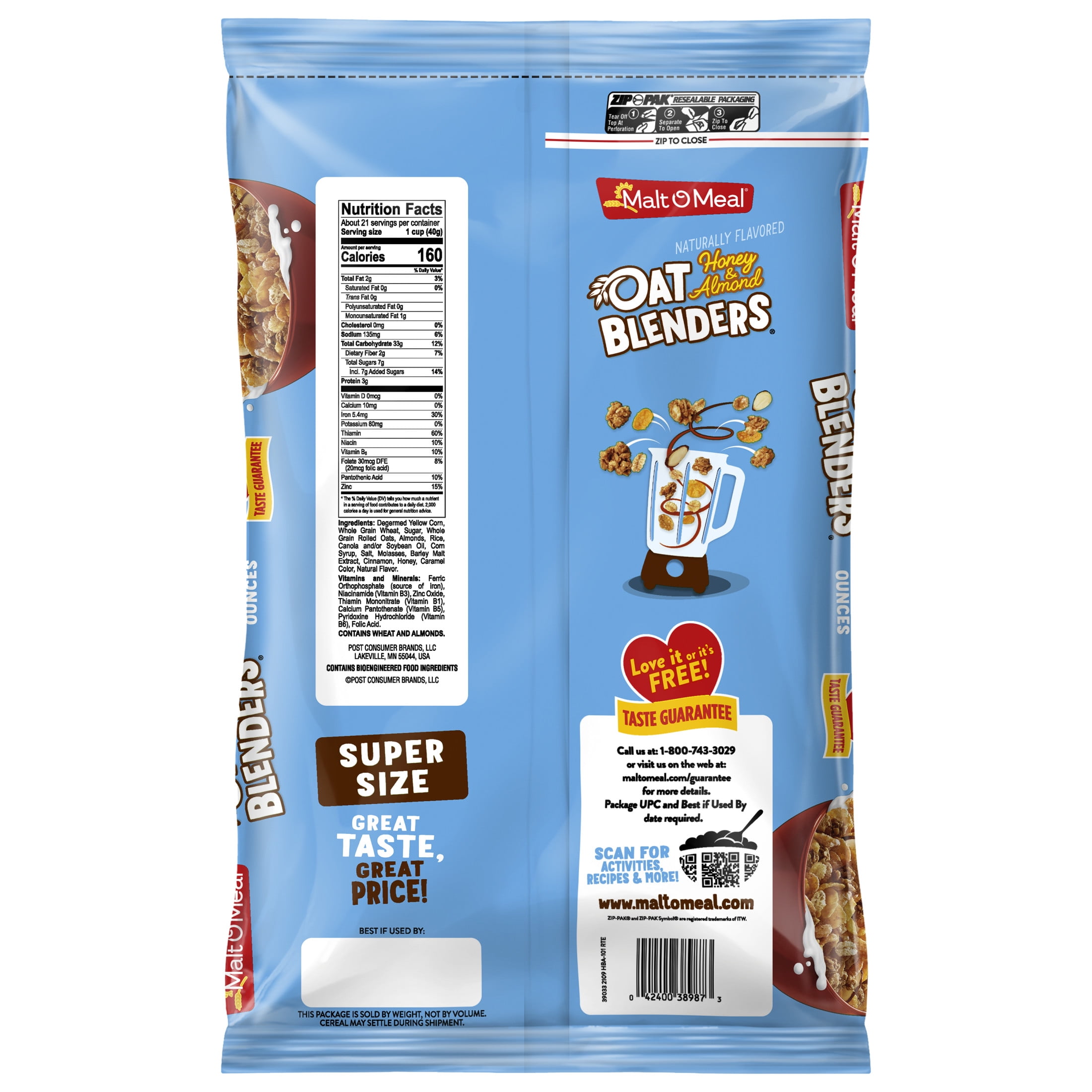 Malt-O-Meal Honey & Oat Blenders® with Almonds Breakfast Cereal, Family Size Bag, Crunchy 30oz (Pack 4)