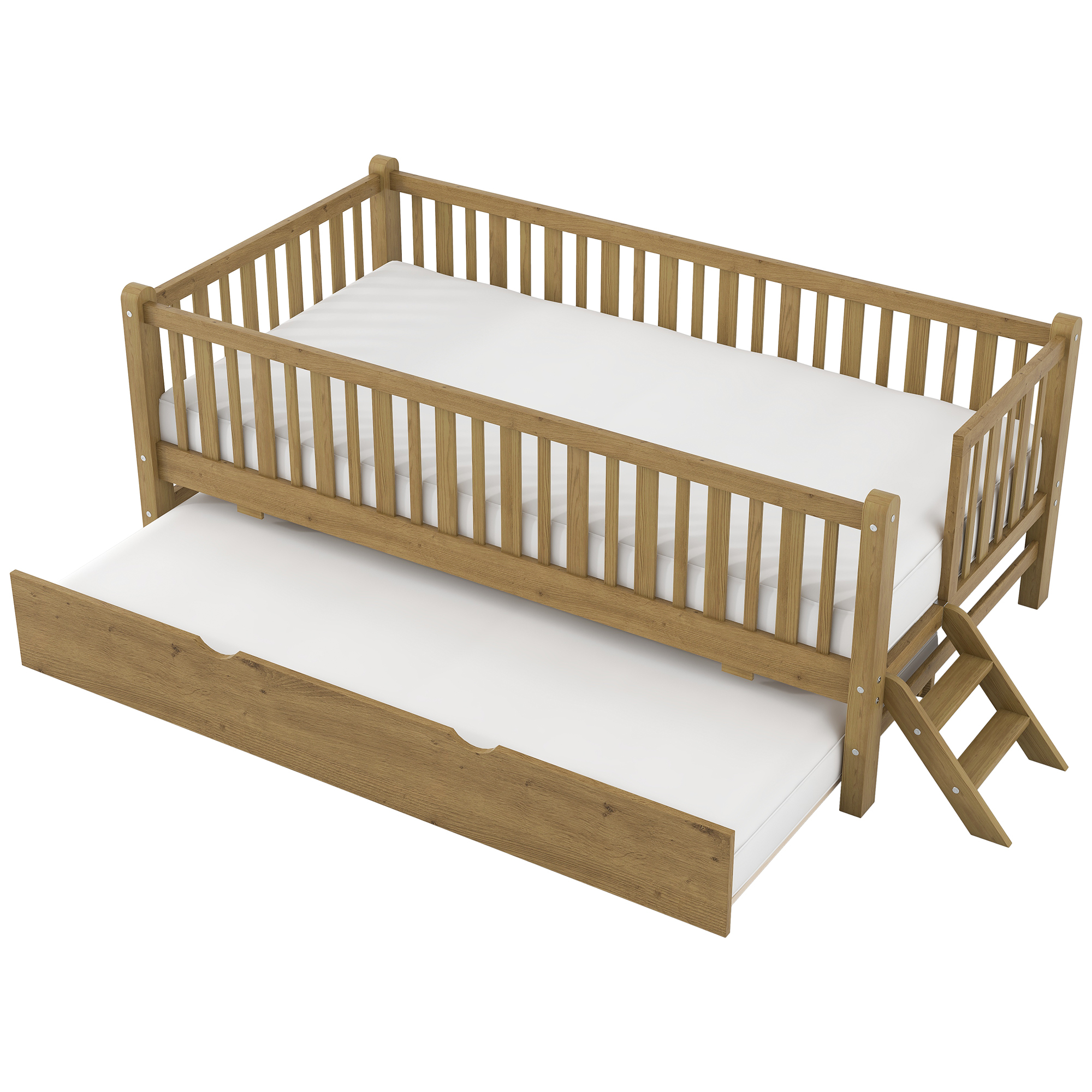 Euroco Wood Twin Size Platform Bed with Trundle, Guardrail Bed for Kids Teens Toddler, Walnut