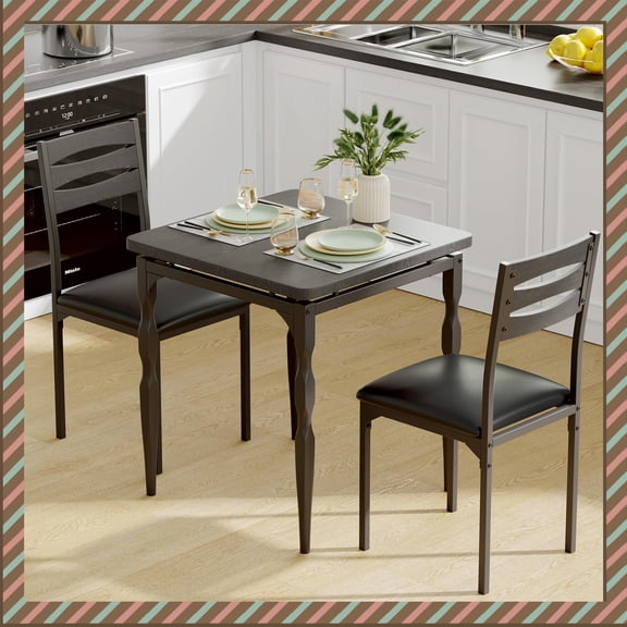 Jojoka Modern 3-Piece Dining Set for 2 with Compact Table and Chairs, Space-Saving Kitchen Set with Stylish Metal Legs for Small Apartments, Black