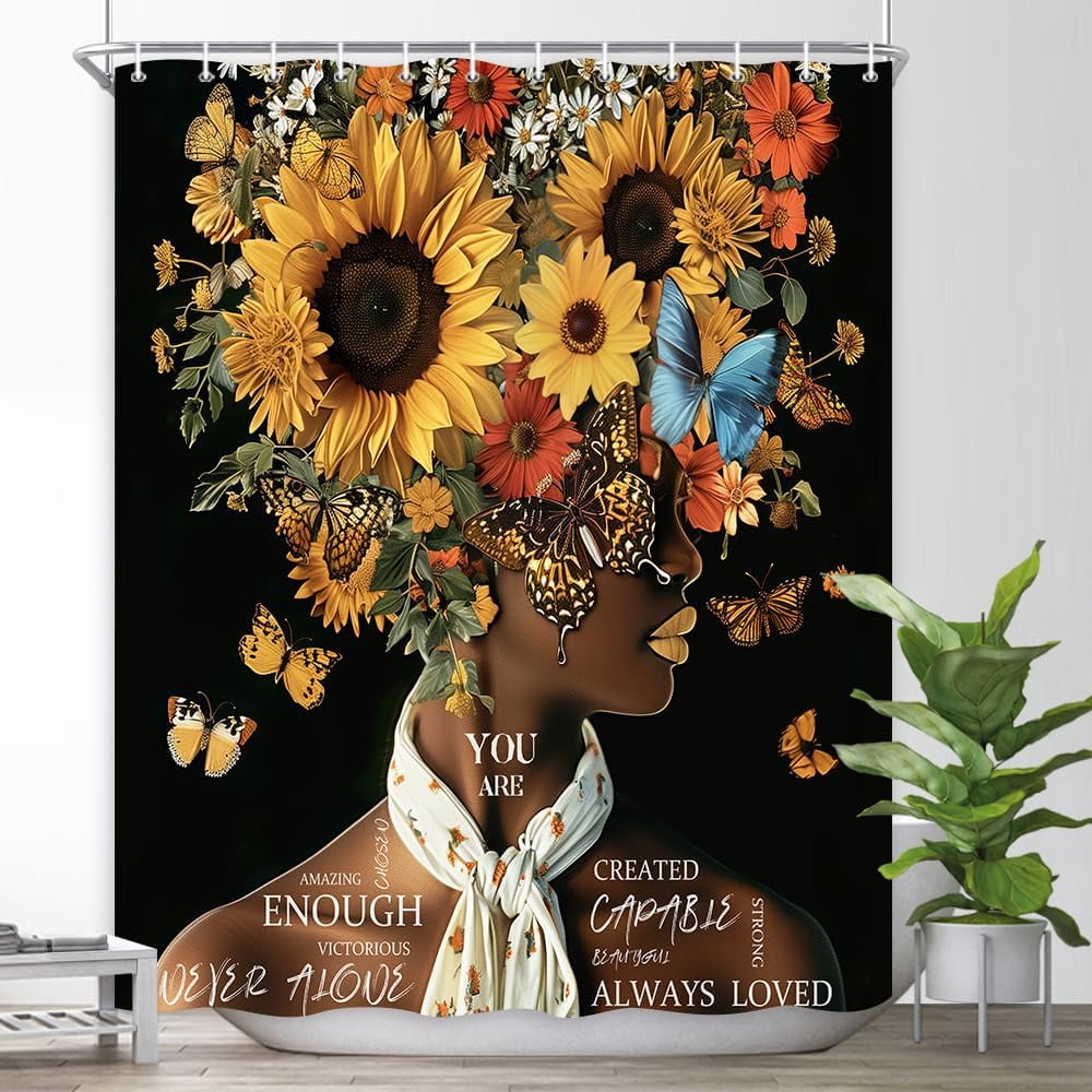 African American Shower Curtains Vintage Sunflower Flower Black Girl Shower Curtain Positive Confident Women Bath Curtain Waterproof Polyester Fabric Bathroom Accessories Decor with 12 Hooks, 72X72in