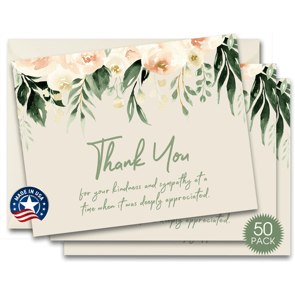 50 Funeral Sympathy Bereavement Thank You Cards With Envelopes (Sage Floral)