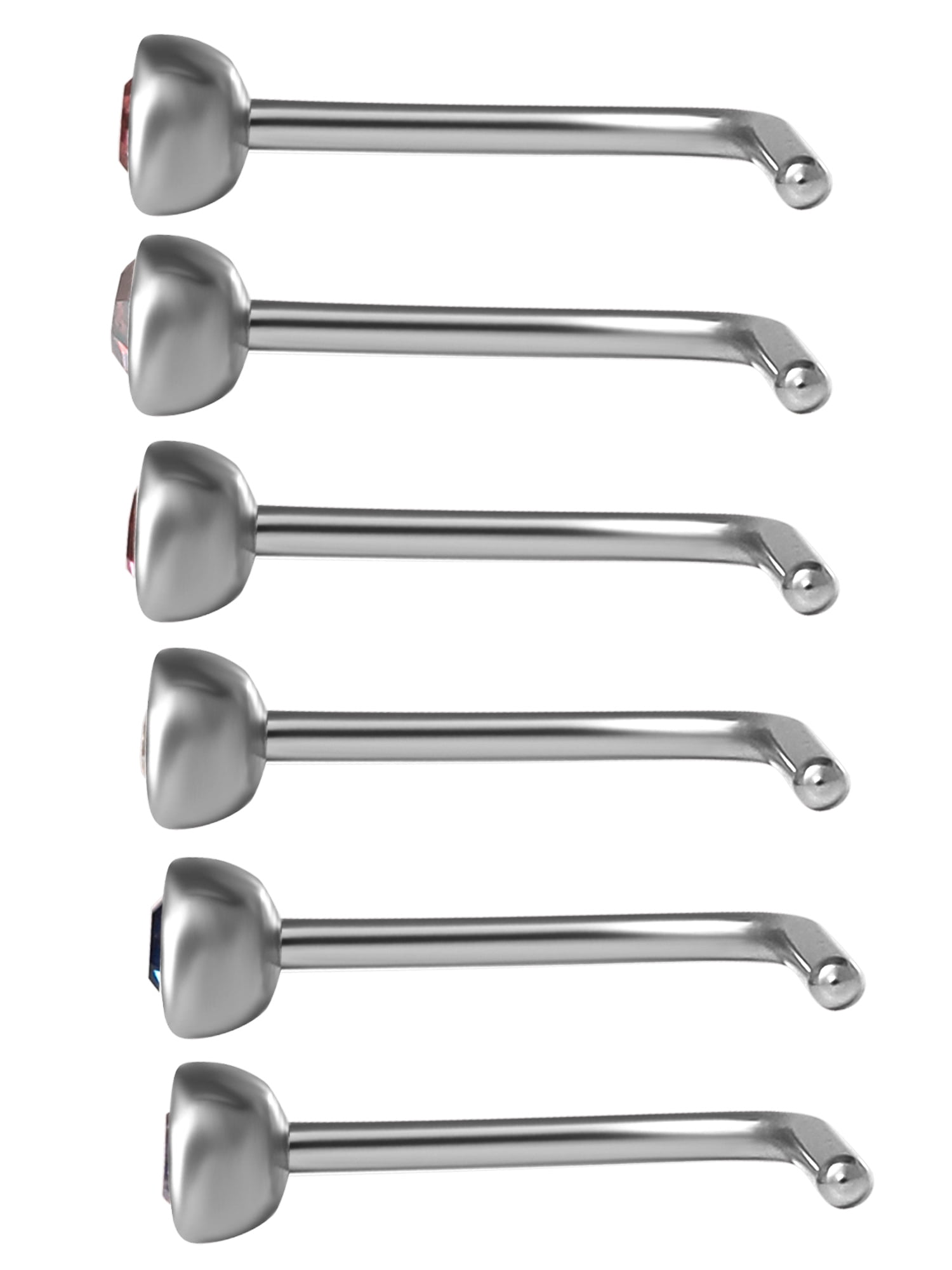 22G L-Shaped Surgical Steel Crystal Nose Stud Set, 6 Pack