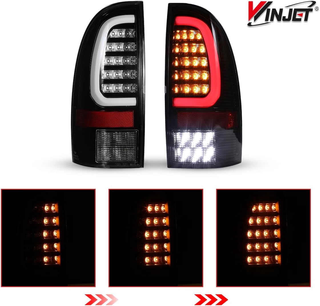 Winjet LED Tail Light Assembly Fit For 2005-2015 Toyota Tacoma,Full Led Taillight Replacement w/Yellow Sequential Turn Signal/Running/Brake/Reverse Light (Black Housing Clear Lens)