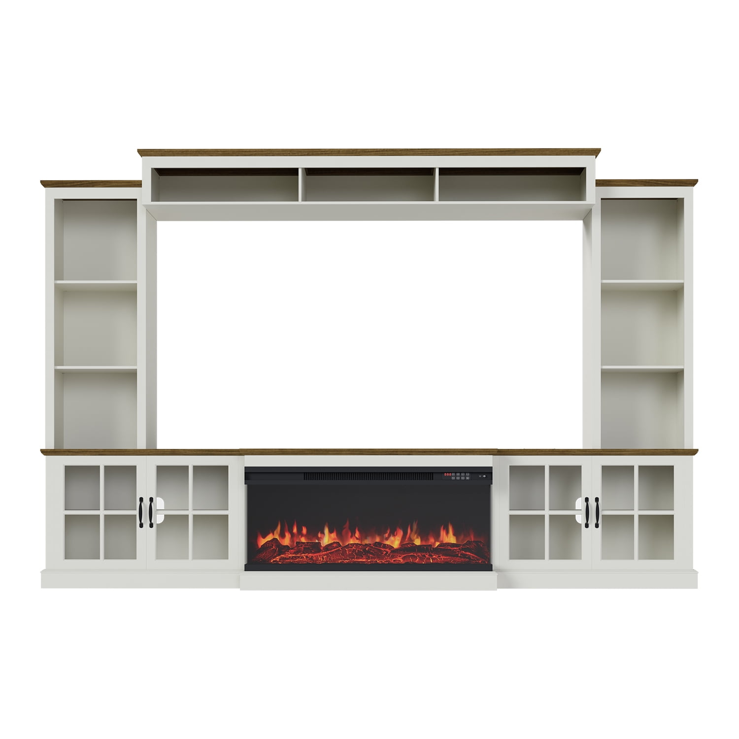 Sonegra 98" Farmhouse Entertainment Center with 36" Fireplace, TV Stand, Bookshelf, Cabinet, Fits TVs up to 75", Media Console with Power Outlets and Barn Doors for Living Room, White