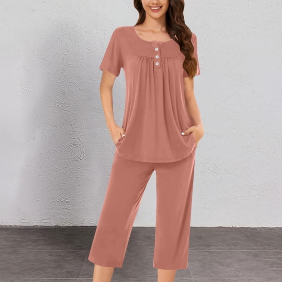 Cagogo Women Plus Size 2 Piece Outfits Round Neck Short Sleeve T Shirt Pocket Crop Capris Matching Lounge Sets Solid Casual Comfy Clothes Summer Cruise Travel, Pink S