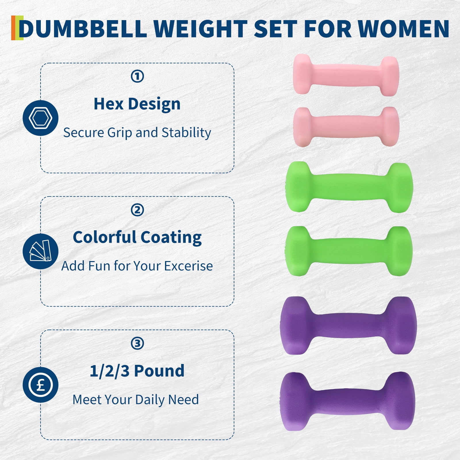 Shininglove Dumbbell Weights Set – 3-Pair PVC Coated Hex Dumbbells (1+2+3 lbs) – Non-Slip Workout Dumbbells for Women & Men – Home Gym Strength Training with Storage Case