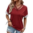 thumbnail image 1 of Blusa de verano para mujer, color rojo vino, con escote en V y ribete de encaje, mangas cortas holgadas, diseño entrecruzado, talla M, 1 of 6