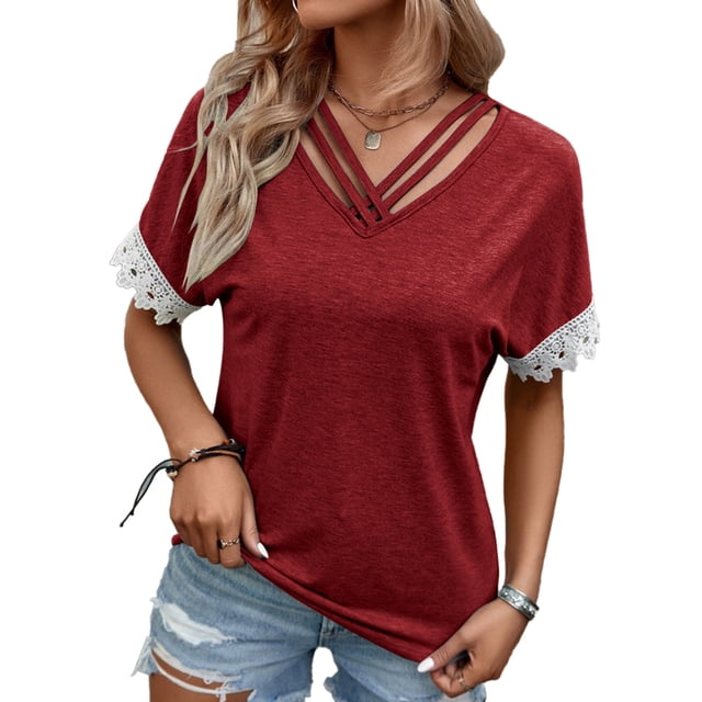Blusa de verano para mujer, color rojo vino, con escote en V y ribete de encaje, mangas cortas holgadas, diseño entrecruzado, talla M