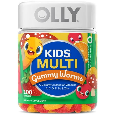 OLLY Kids Multivitamin Gummy Worm Supplement, Vitamins A, C, D, E, Bs & Zinc, Sour Fruit Punch, 100 Ct
