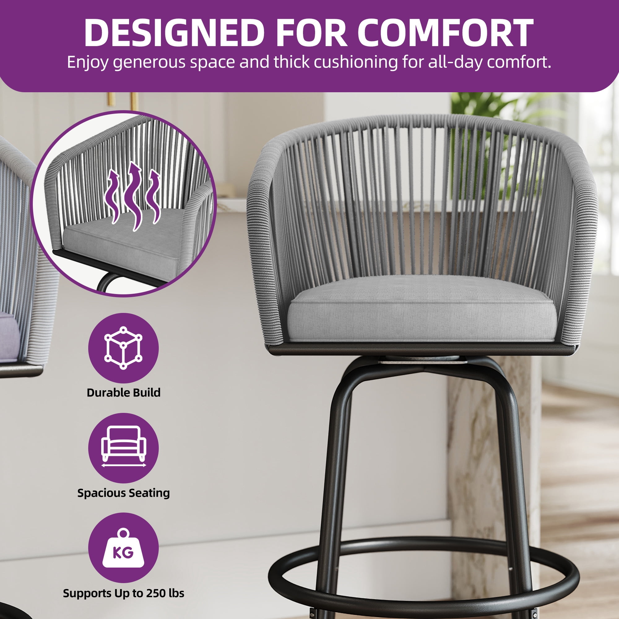 Uforic Set of 2 Patio Bar Stools, Counter Height Swivel Bar Stools with Cushions, Outdoor Rattan Patio Chairs for Indoor Outdoor Backyard Balcony Deck Lawn, Gray