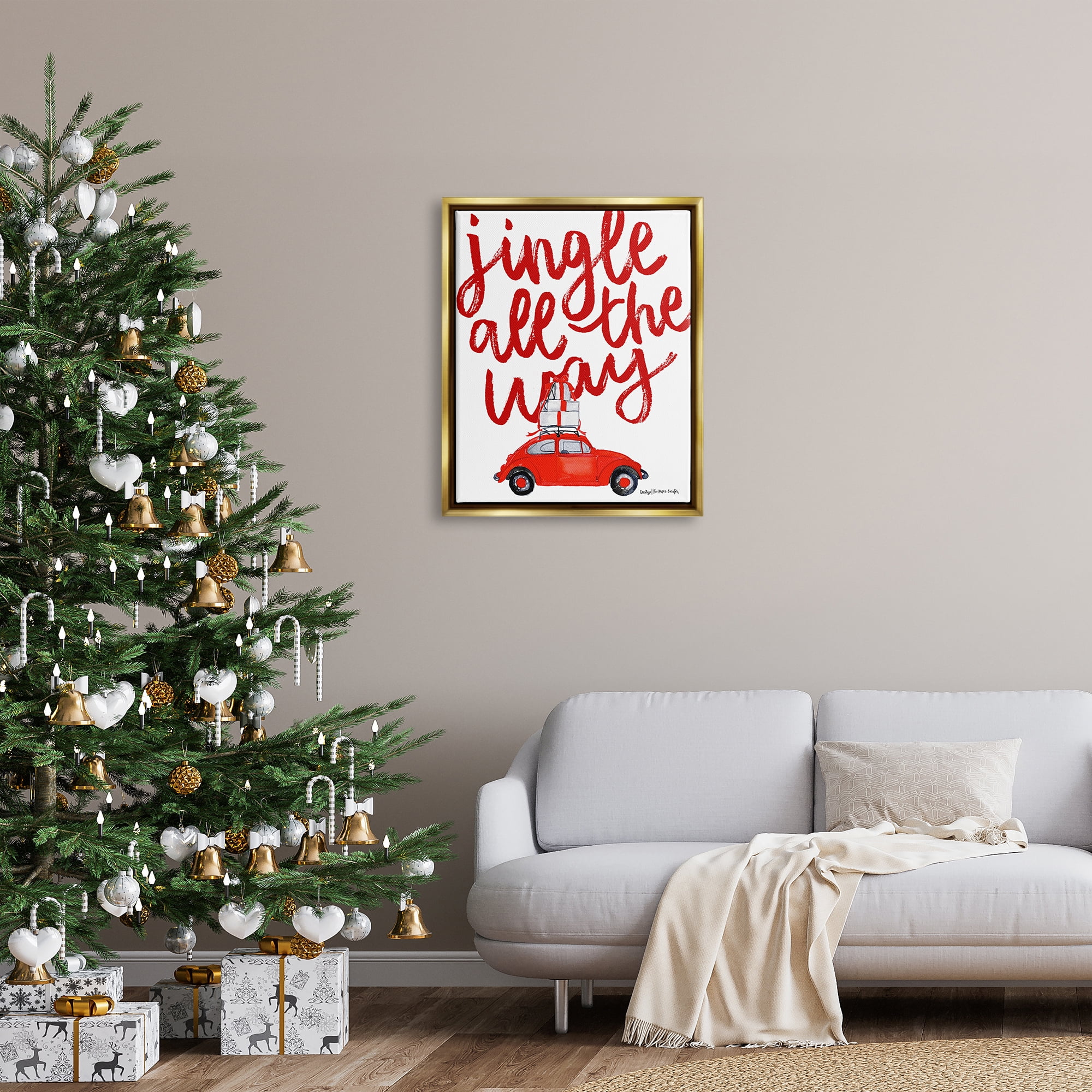 Stupell Industries Jingle All The Way Holiday Gifts Red Car Driving Graphic Art Metallic Gold Floating Framed Canvas Print Wall Art, Design by Cecily Moore