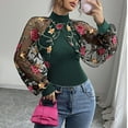 thumbnail image 2 of Long Sleeve Shirts for Women Floral Mesh Sheer Top Embroidery Lace Blouse Patchwork Tshirt Crew Neck Slim Fit Blouses Easy Breathable Shirt Trendy Outfits Going Out Tops Comfy Daily Tee, 2 of 3