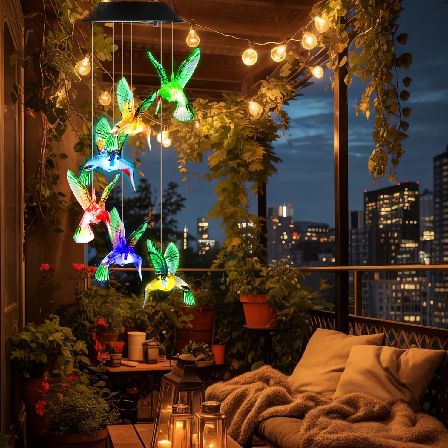2PCS Hummingbird Solar Wind Chimes with Color Changing LED Lights, Waterproof Solar Powered Wind Chime for Outdoor Garden Patio Balcony Porch Home Decor, Ideal Gift for Mom Women Christmas