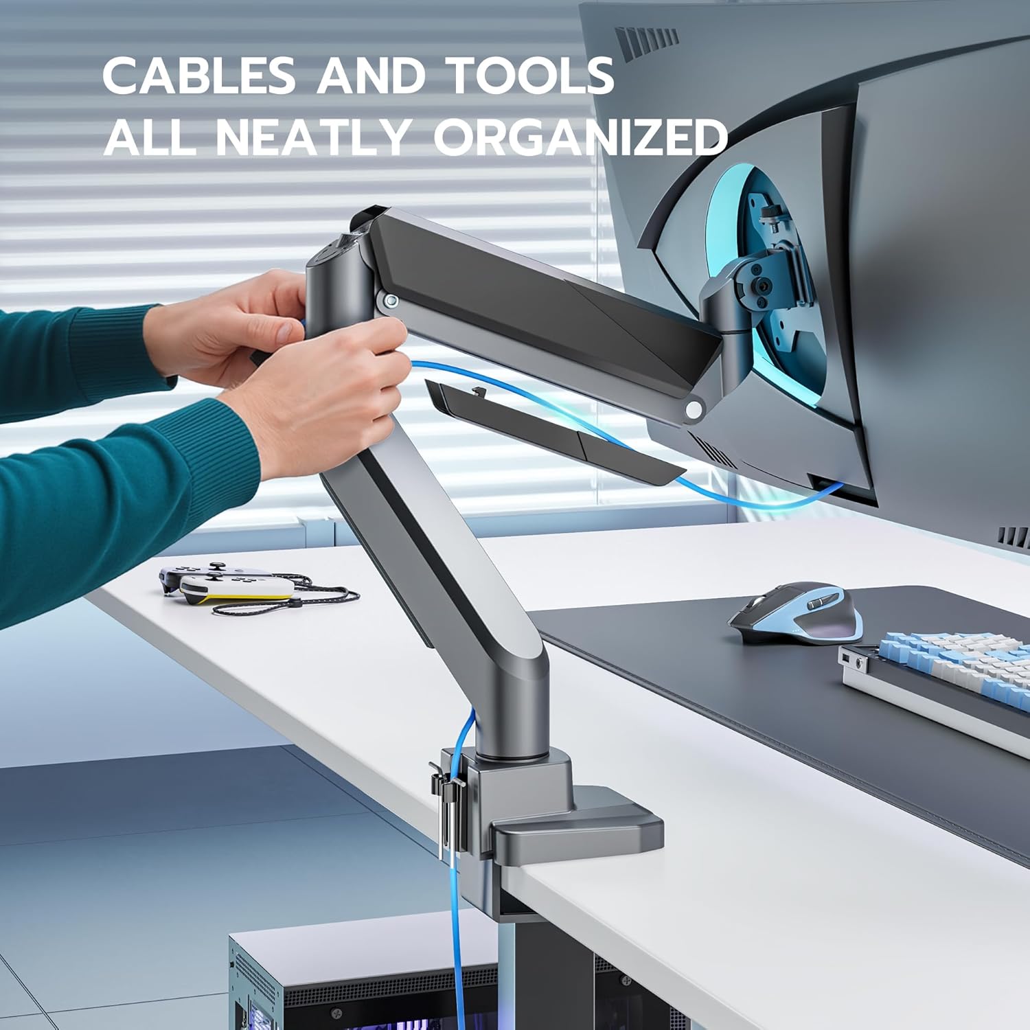 ARES WING Single Monitor Arm with USB, Heavy Duty Adjustable Monitor Arm for 13"-49" Screens, Gas Spring Monitor Arm Desk Mount with Clamp & Grommet Base Holds up to 40 lb, VESA 75x75 100x100, Grey