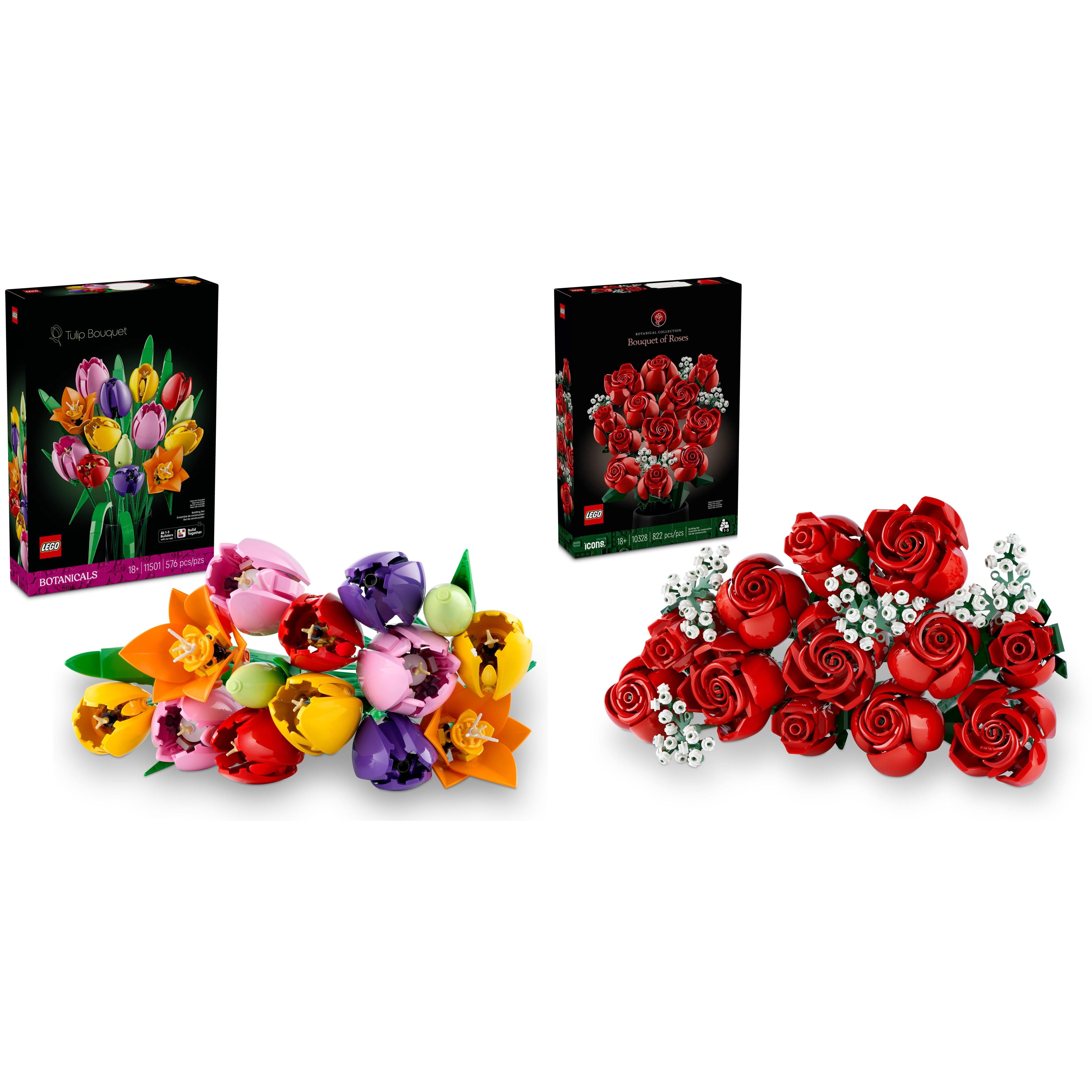 LEGO Botanicals Red Roses & Tulips Bundle - Building Sets for Adults, Ages 18+ - Mother's Day Gifts - Artificial Flowers Home Office, Bedroom Decor - 10328 & 11501