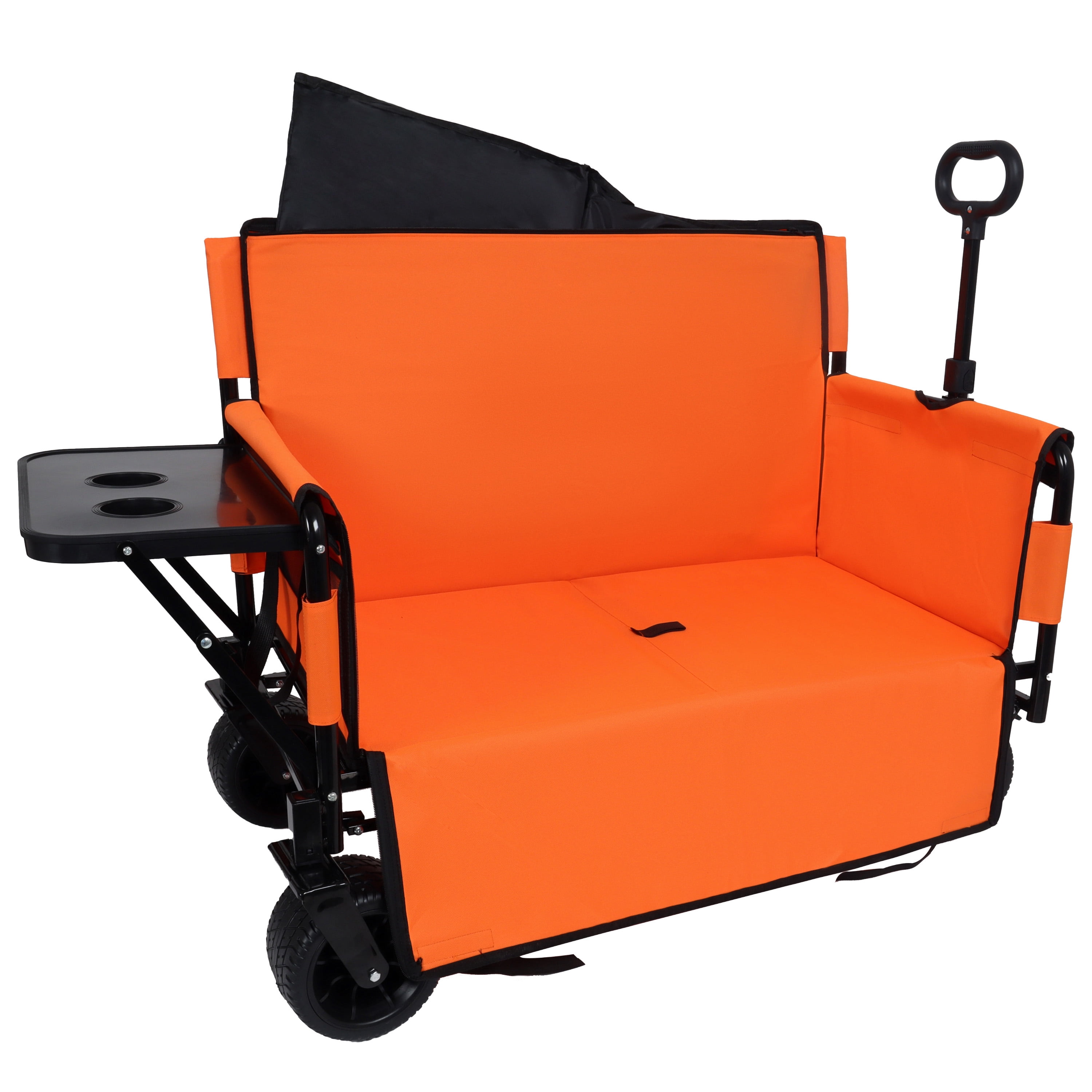 3-in-1 Convertible Folding Wagon Cart, Orange, 500lbs Heavy-Duty Utility Wagon with Bench Seat & Rear Folding Tabletop, 180L Capacity All-Terrain Wheels for Outdoor Use