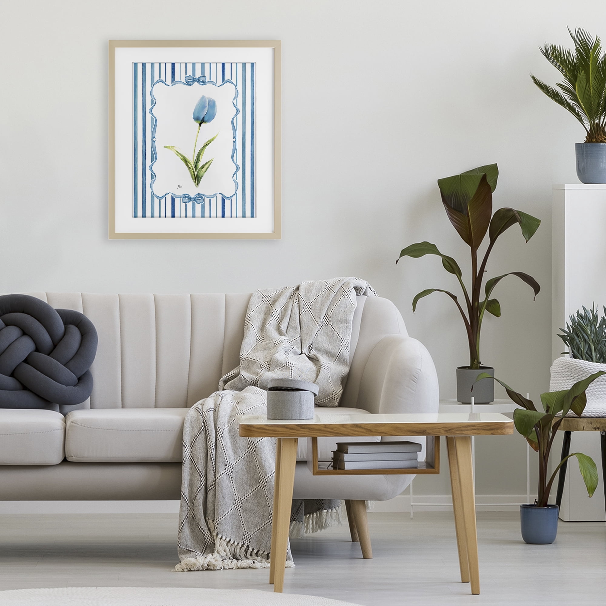 Stupell Industries Blue Tulip & Ribbon Border Birch Framed Print Under Glass, design by Nan