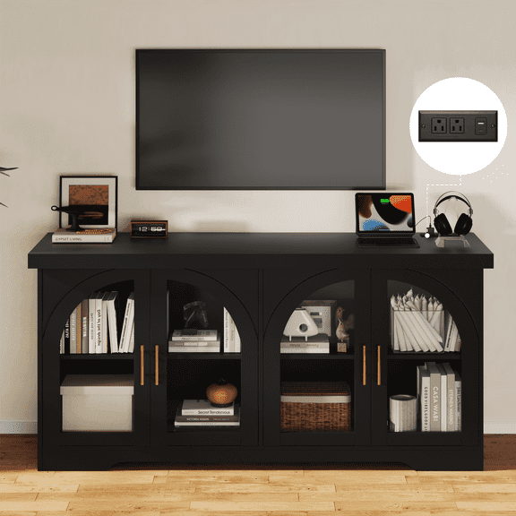 TV Stand with Power Outlet & LED Lights,63" Entertainment Center for TV up to 70 inch,TV Console with Adjustable Shelves & 2 Doors,Black