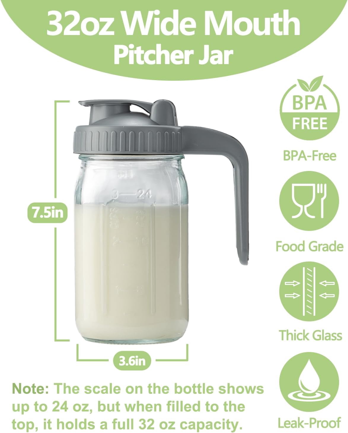 32oz Glass Pitcher with Lid & V-shaped Pour Spout - 1 Quart Breastmilk Double Leak Proof, Creamer Container for Sun Tea, Juice, Cold Brew Coffee, Storage