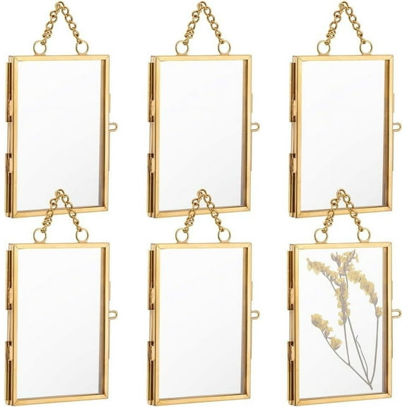 6pcs Brass Glass Hanging Photo Frame Artwork Display Frame for Dried Plant Specimen Pressed Flowers Golden 130mm
