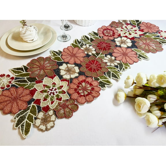Table runner, handmade beaded spring runner, floral, 13x36inch, multicolour